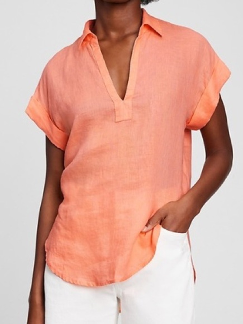 Gap Coral Orange Linen Popover Muscle Sleeve Top Size M L Blouse Collared V Neck
